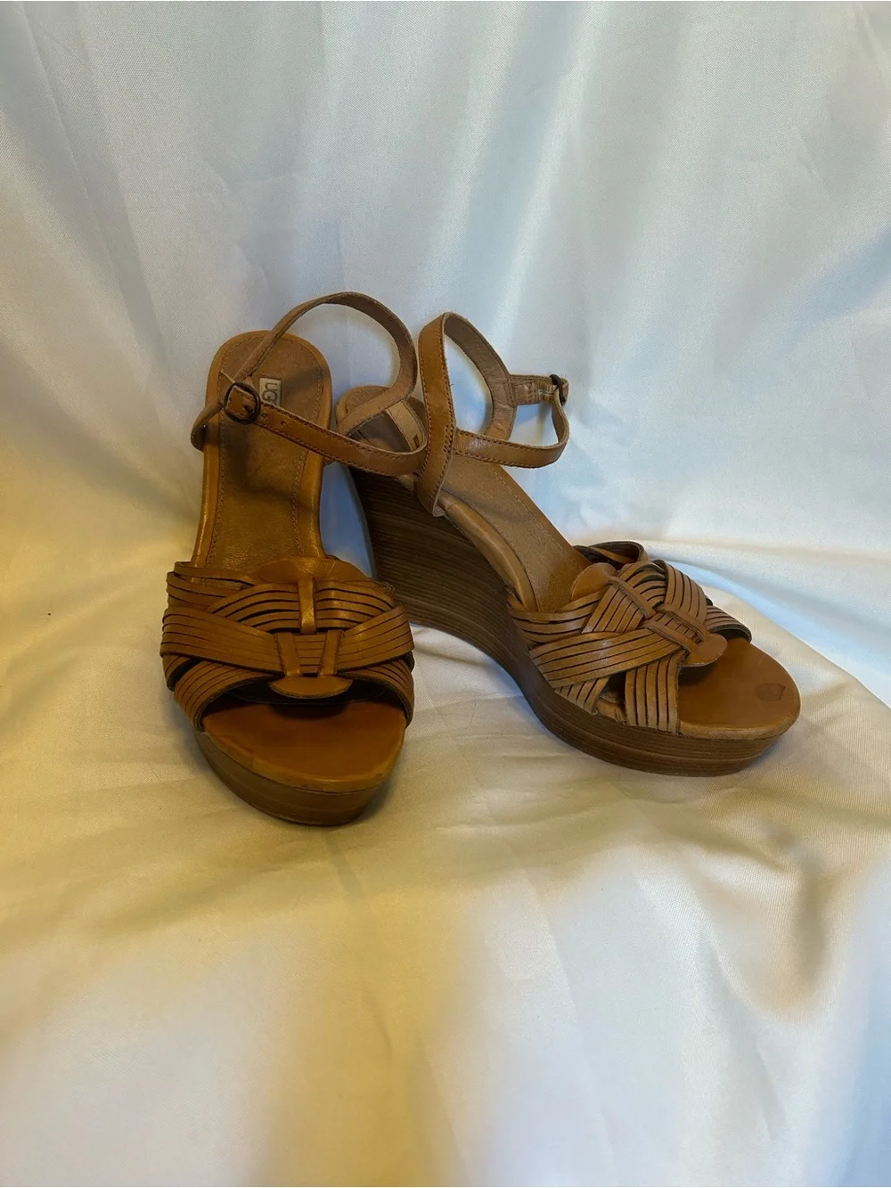 UGG Women's Brown Woven Leather Wedge Sandals - Ankle Strap
